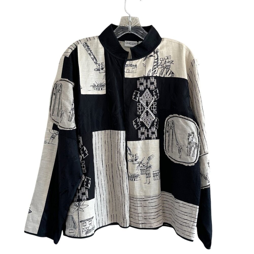 Chico's Silk and Linen Blend Patchwork Art to Wear Jacket, Black Cream, Large
